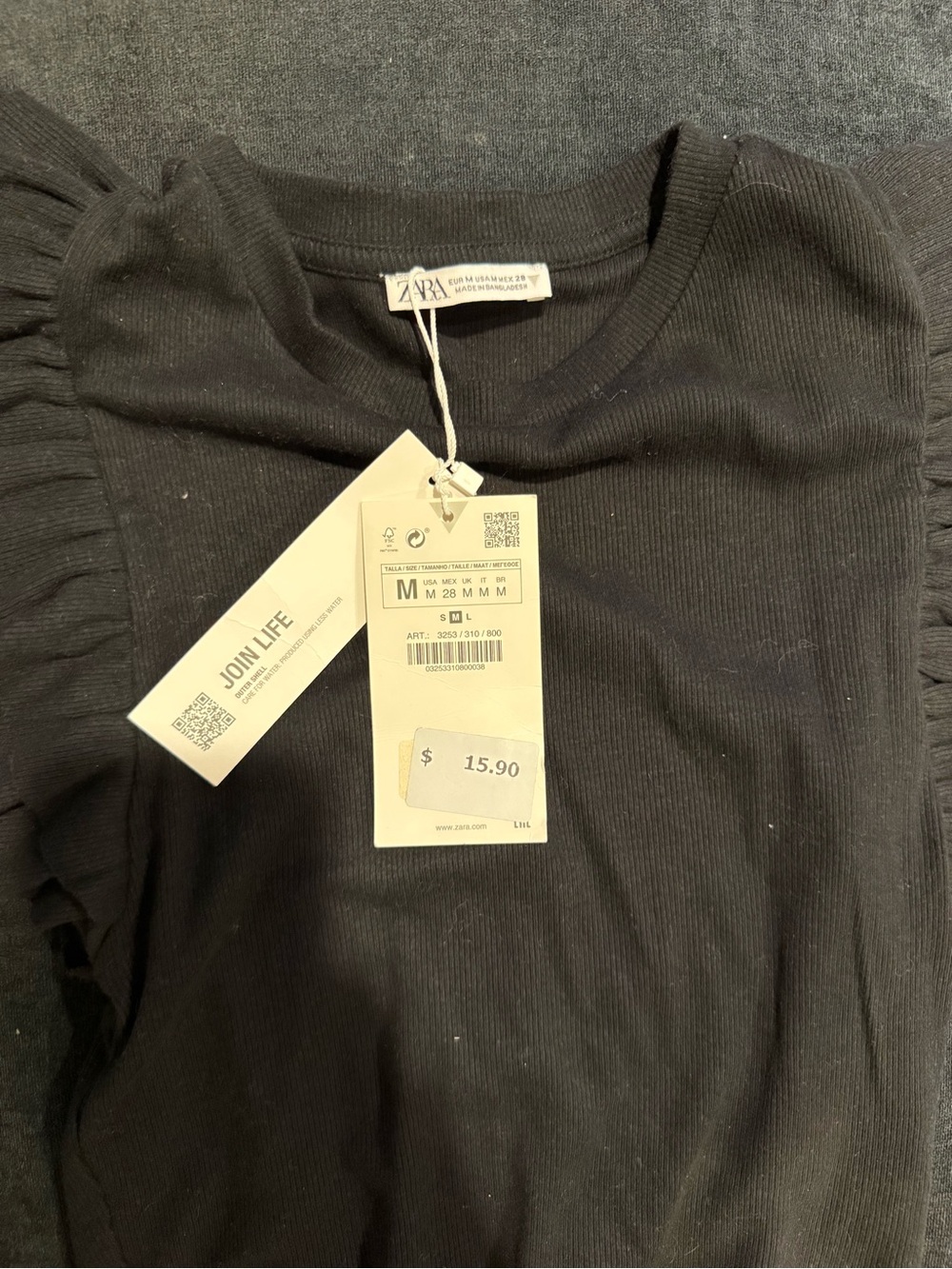 Zara Black Ribbed Puff-Sleeve Top NWT